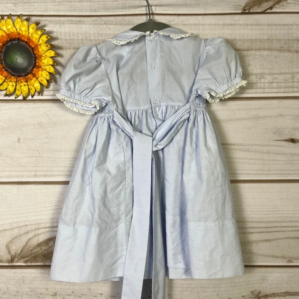 Vintage Feltman Bros Light Blue Smocked Baby Dress Puff Sleeves Lace 18M Cotton